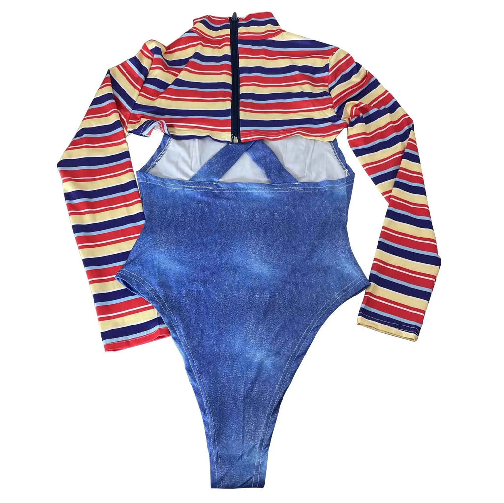 Halloween Costumes for Women Adult Cosplay Striped Long Sleeve Bodysuit Horror Doll Scary Cosplay Carnival Role Play Outfit