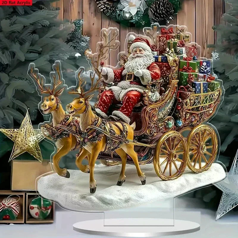 Christmas Xmas Tree Desktop Ornament Santa Claus Reindeer Sled Tabletop Decoration With Base 2D Acrylic Navidad Party Supplies