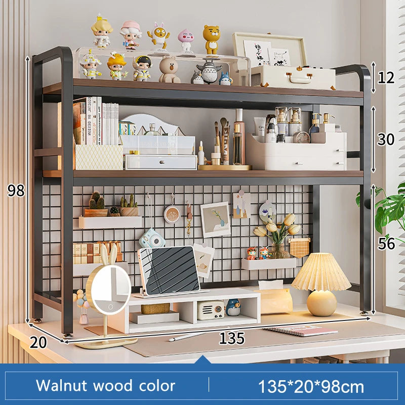 Bookshelf Bookcase With Grid Desktop Multi-layer Wrought Iron Shelf Student Computer Desk Table Hole Board Table Wooden Shelves