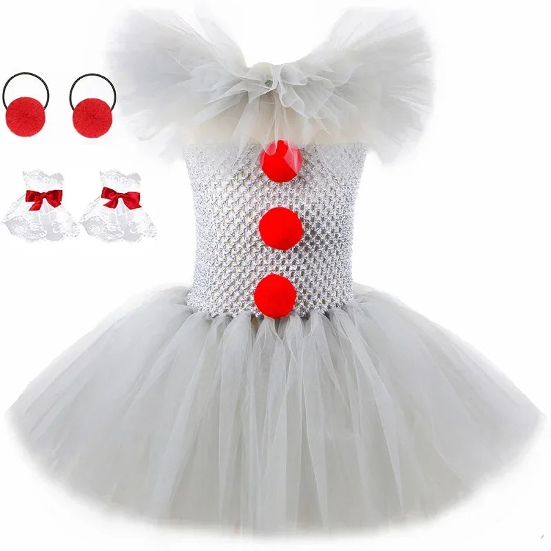 Halloween Pennywise Costume for Kids Creepy Clown Gray Joker Tutu Dress Outfit Girls Fancy Carnival Party Tulle Dress Up Clothes