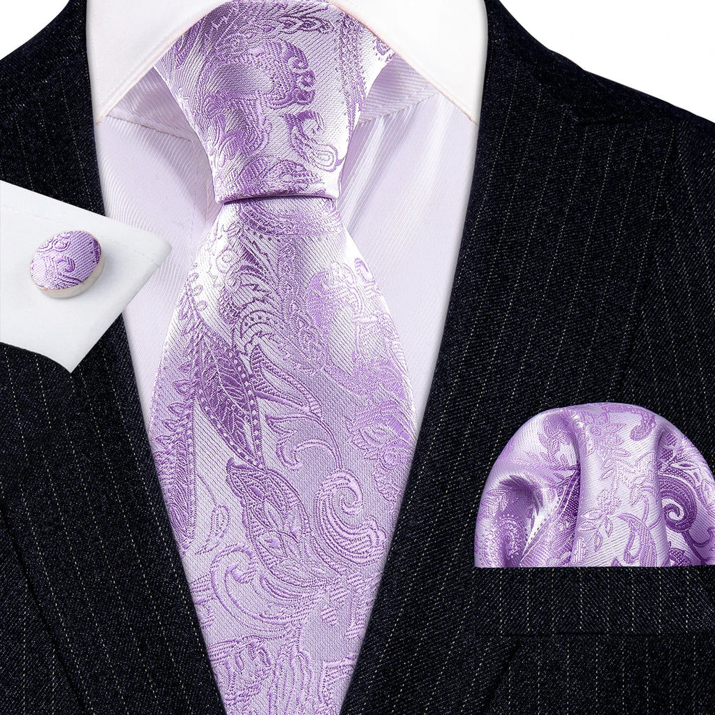 Male Gift Men Tie Set Purple Violet Solid Paisley Striped Wedding Business Tie for Man Necktie Handky Cufflinks Barry.Wang