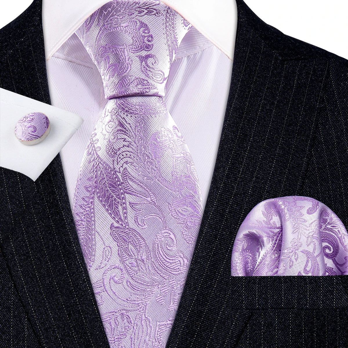 Male Gift Men Tie Set Purple Violet Solid Paisley Striped Wedding Business Tie for Man Necktie Handky Cufflinks Barry.Wang