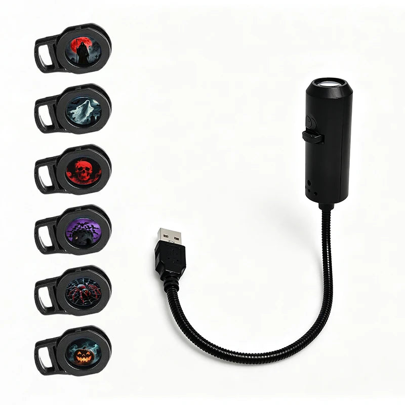 Halloween Decor Projector Lamp USB Powered LED Projection Light with Interchangeable Pattern Slides Adjustable Gooseneck Ambient