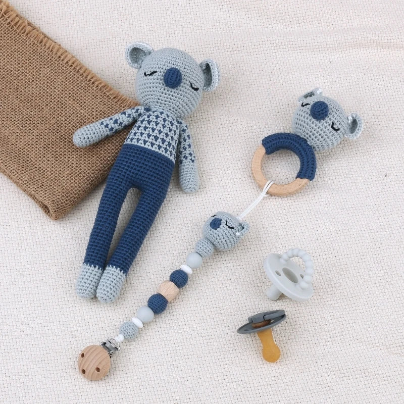 Crochet Koala Pacifier Clip, Handbell Rattle, Teether Doll, Pacifier Chain Clip Set, Cartoon Teething Toy