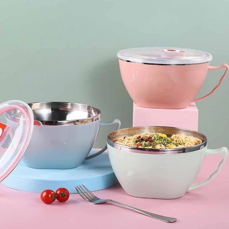 Portable Stainless Steel with Lid Instant Noodle Bowl Double Insulated Anti-scald Lunch Box Kitchen Supplies