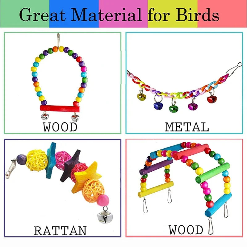 7pcs Wood Parrot Toy Pack Bird Cage Accessories Swing Suspension Bridge Ball Cage Bells Pet Supplies Set