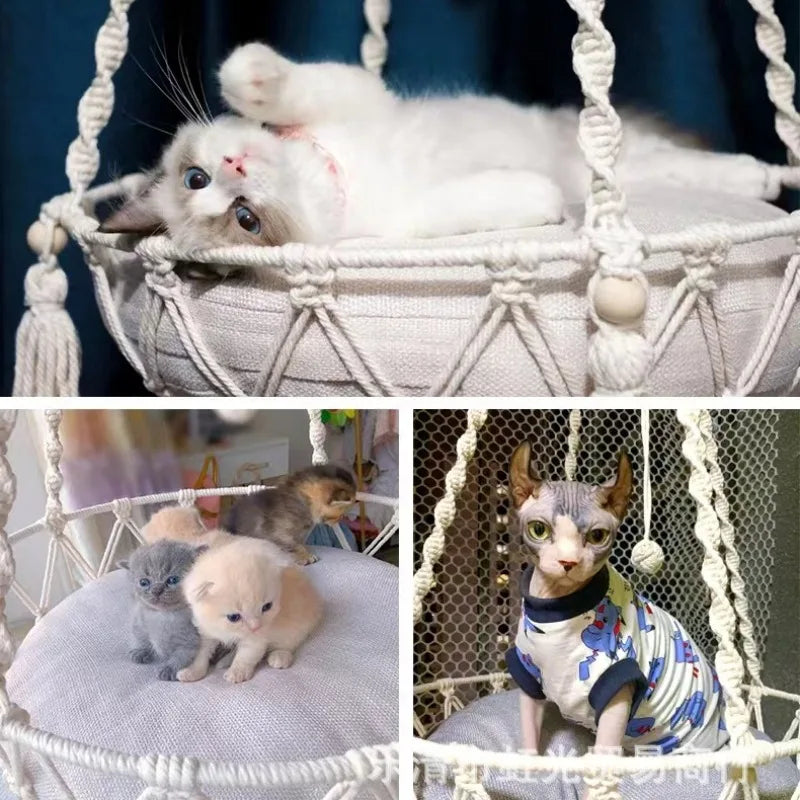 Winter Pet Hammock Cat Swing Hand-Woven Cotton Rope Cat Hanging Basket Kitten Hanging String Den Indoor Hanging Nest Pet Supplies