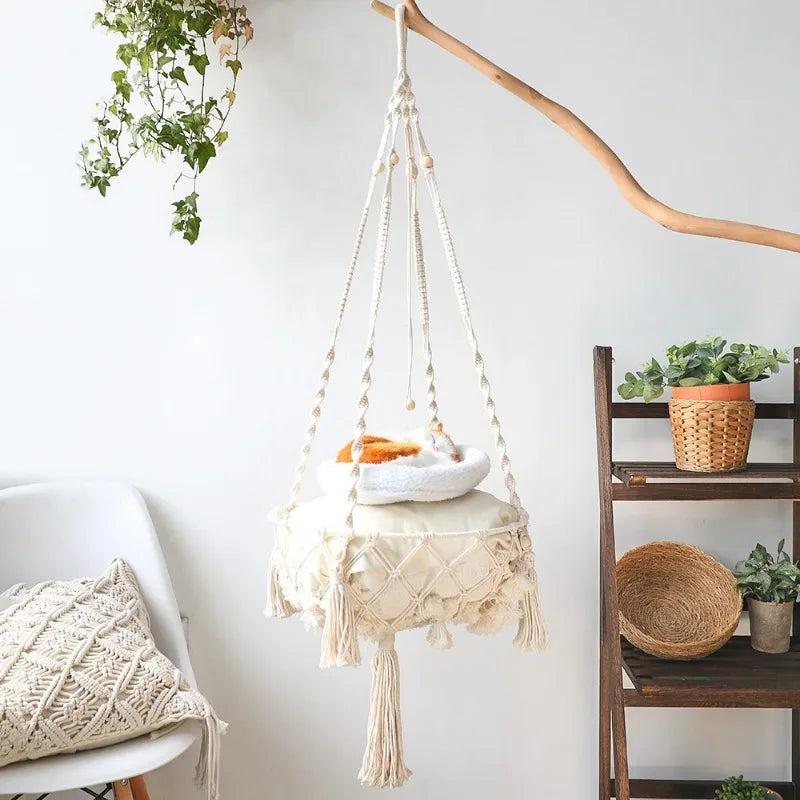 Winter Pet Hammock Cat Swing Hand-Woven Cotton Rope Cat Hanging Basket Kitten Hanging String Den Indoor Hanging Nest Pet Supplies