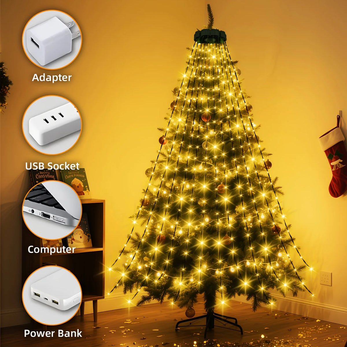 Christmas Tree Waterfall Lights-400/320High-Brightness LEDsUSB&Remote Control,8Lighting Modes Indoor/Outdoor Christmas TreeDeco