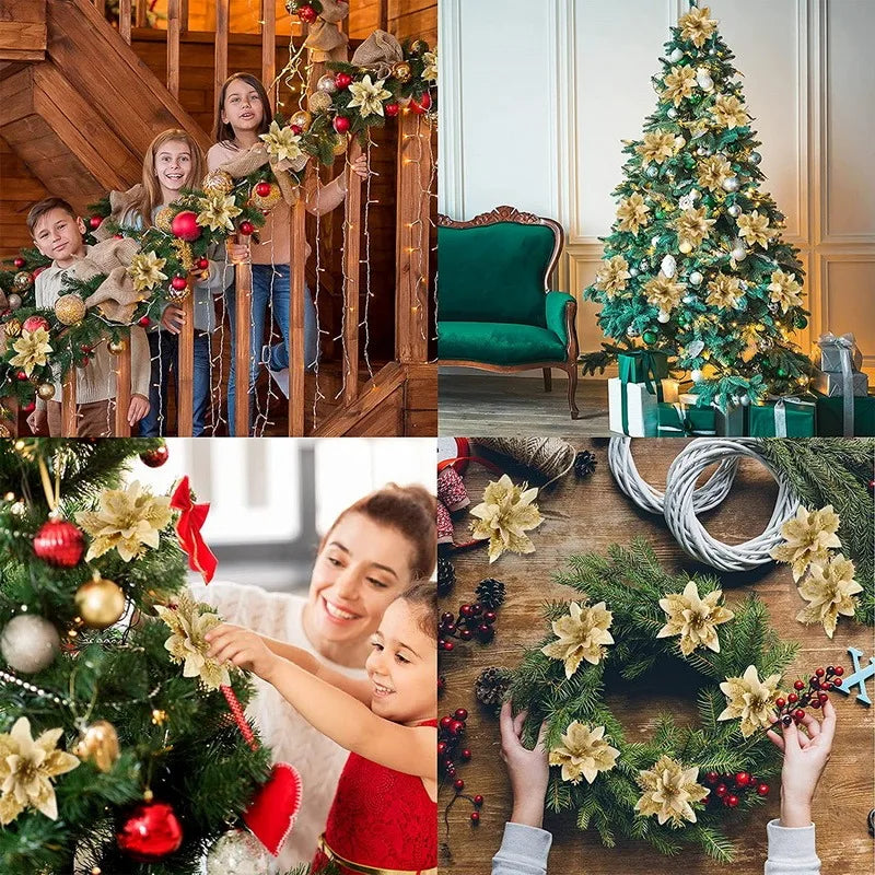 Glitter Pink Christmas Flowers Xmas Tree 14cm Artifical Flower Ornaments  Merry Christmas Decoration For Home New Year