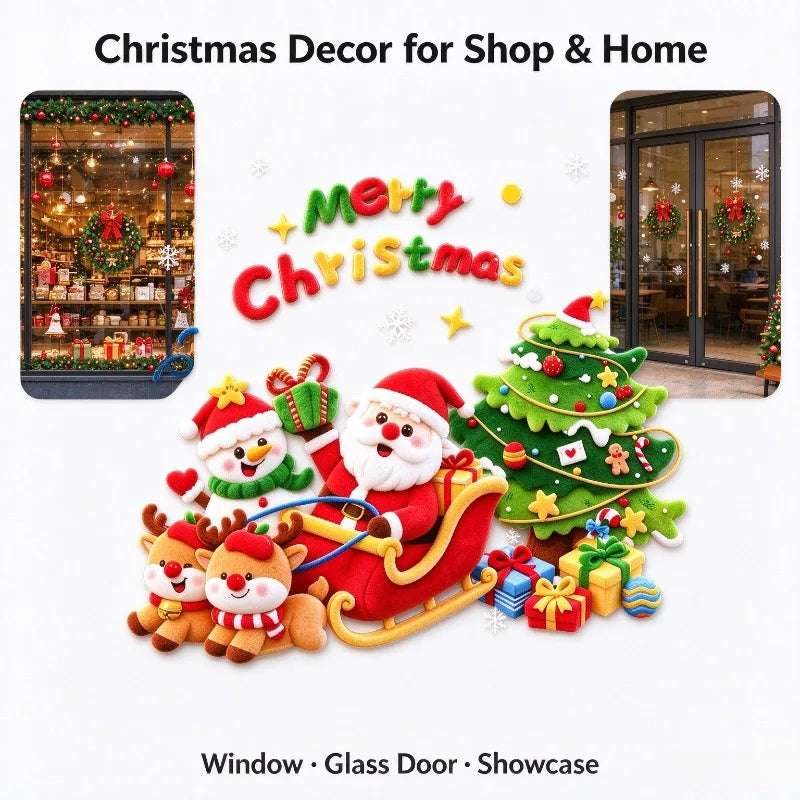 Merry Christmas Static Window Stickers Cartoon Santa Snowflake Glass Decals Reusable No Glue Xmas Home Shop Decor