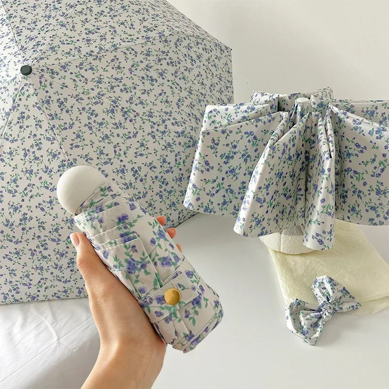 New 1 Piece of Small Blue Floral Umbrella, Gentle Style, Sun Protection, Three - Fold Automatic Umbrella for All Weather