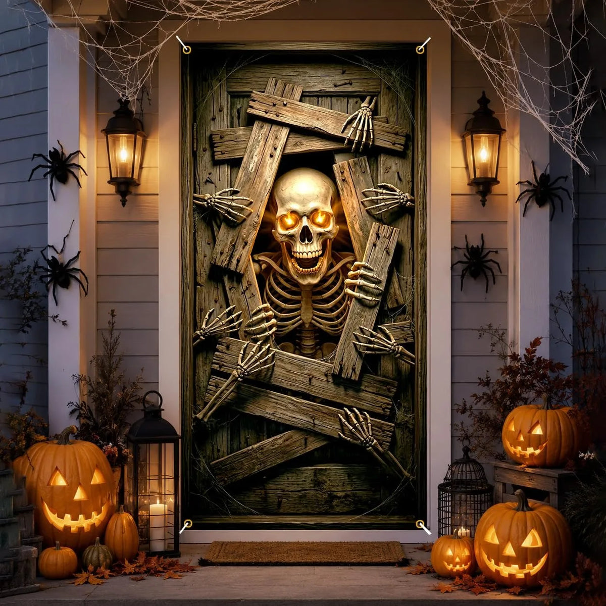 Halloween Glowing Eyes Skeleton Door Banner Creepy Broken Wood Horror Door Decor Indoor Outdoor Party Photo Hanging  Decoration