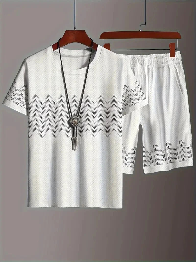 New Men's Two-Piece Plaid Print Fashion Men's Suit Summer O-Collar Short-Sleeved Polo Shirt + Shorts Two-Piece Men's Suit