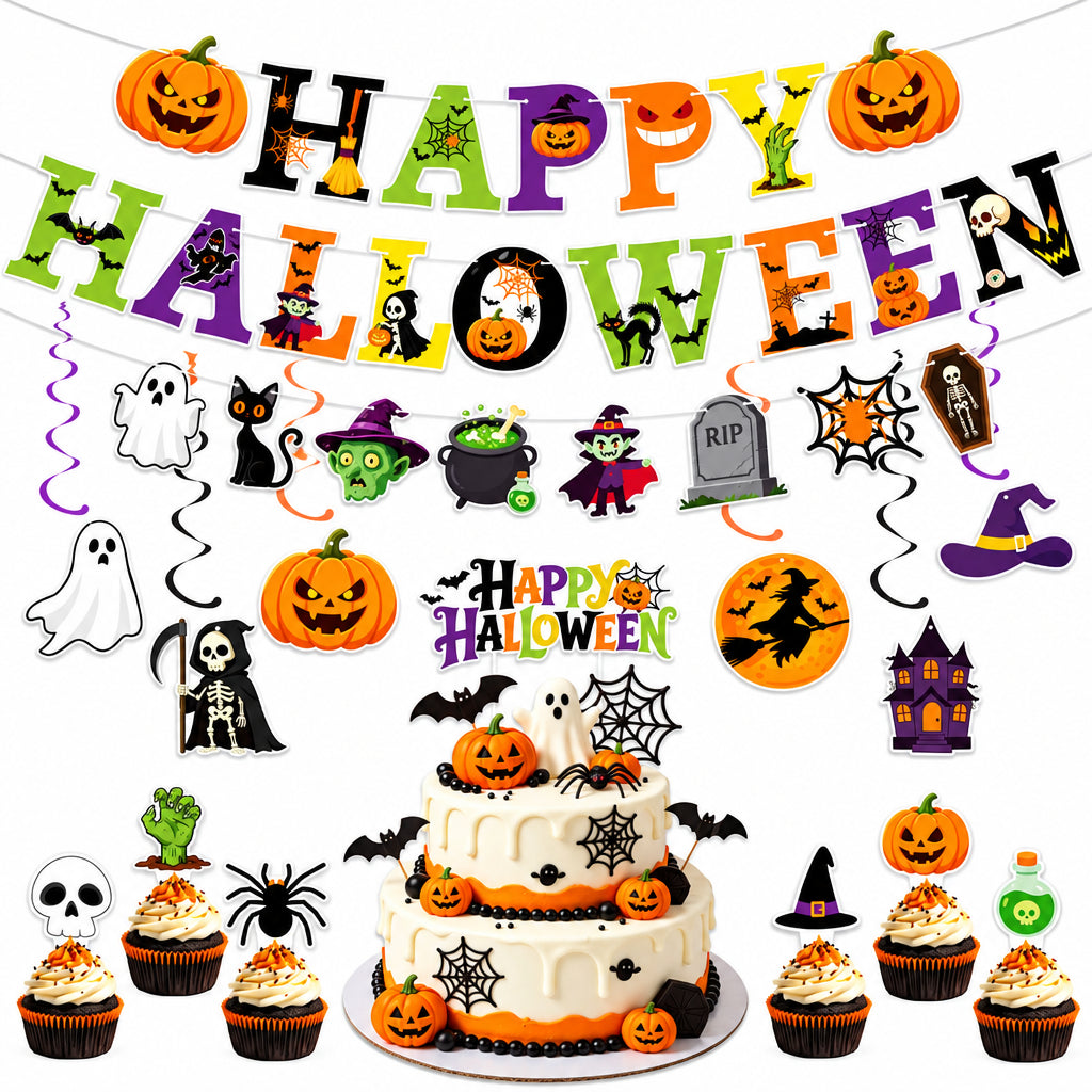 Halloween Party Decor Set Happy Pumpkin Banner Hanging Swirls Cake Topper Witch Ghost Castle Home Halloween Ornaments Supplies