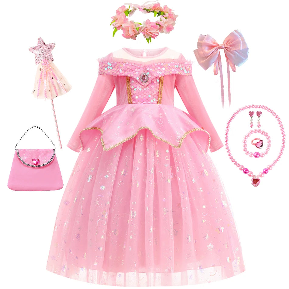Halloween Costumes Kids Pink Girls Party Dresses Girl Aurora Princess Gown Sleeping Beauty Cosplay Costume Fantasy Disguise Sets