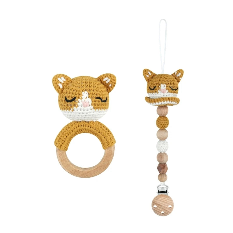 Crochet Koala Pacifier Clip, Handbell Rattle, Teether Doll, Pacifier Chain Clip Set, Cartoon Teething Toy