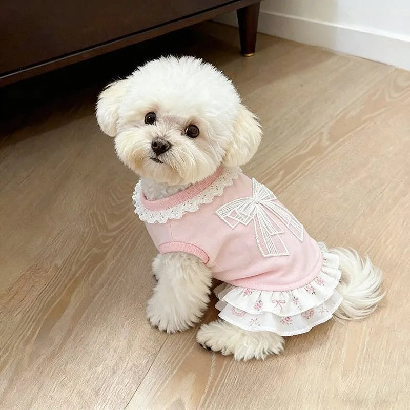 Pet Spring Summer Dress Thin Pink Bow Cute Skirt Breathable Clothes for Small Dog Cat Bichon Schnauzer Daily Apparel