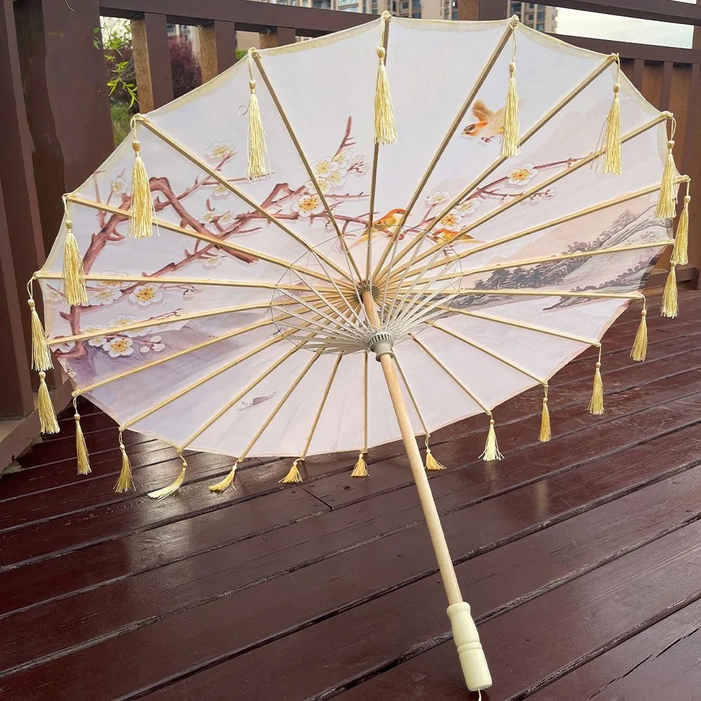 70cm Silk Fabric Tassel Umbrella Handheld Chinese Style Ancient Dance Umbrella Rainproof Decorative Classical Oil Paper Umbrella