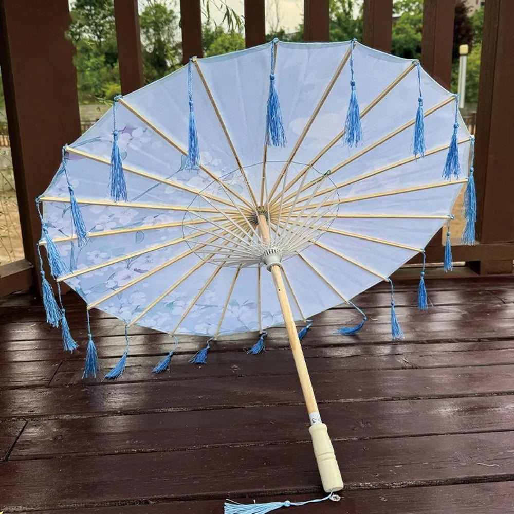 70cm Silk Fabric Tassel Umbrella Handheld Chinese Style Ancient Dance Umbrella Rainproof Decorative Classical Oil Paper Umbrella