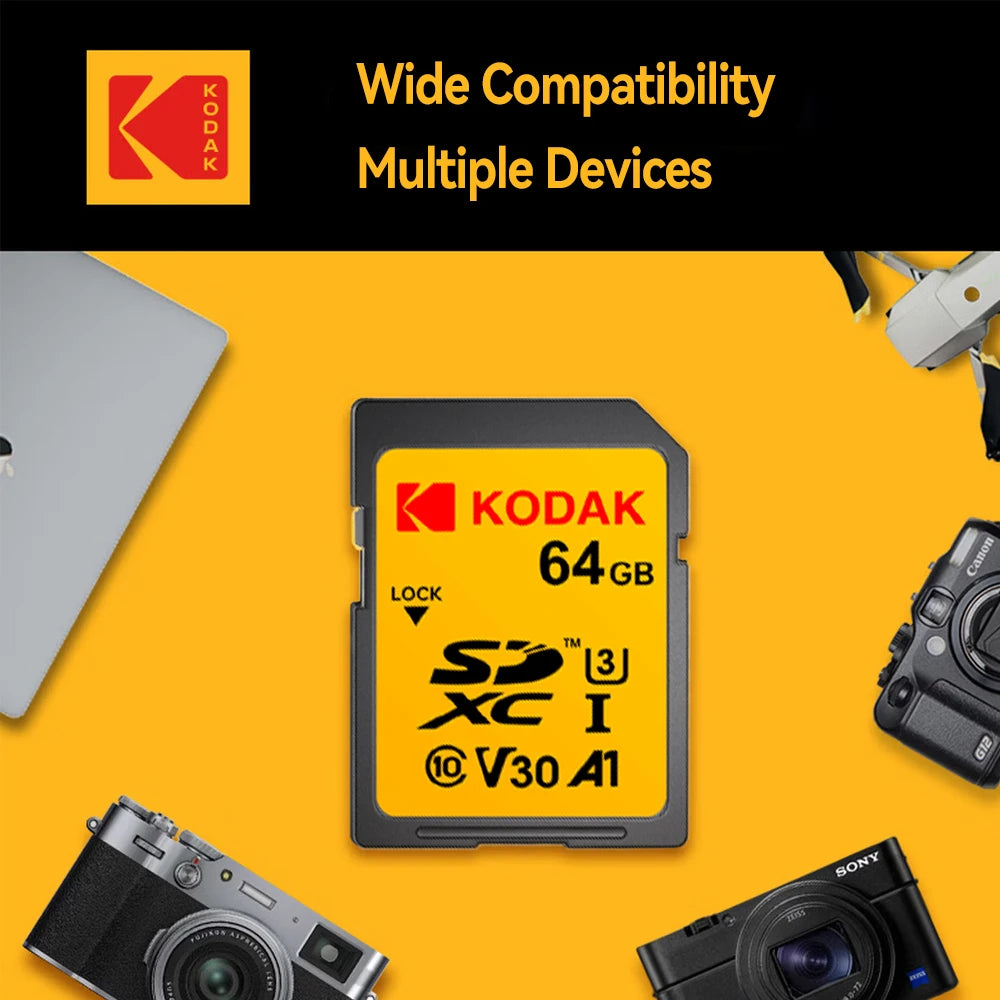 KODAK V30 256GB SD Card UHS-I U3 High Speed Up To 100MB/s Perfect for Full HD Video 64G 128G SD Memory Card SDXC for Camera
