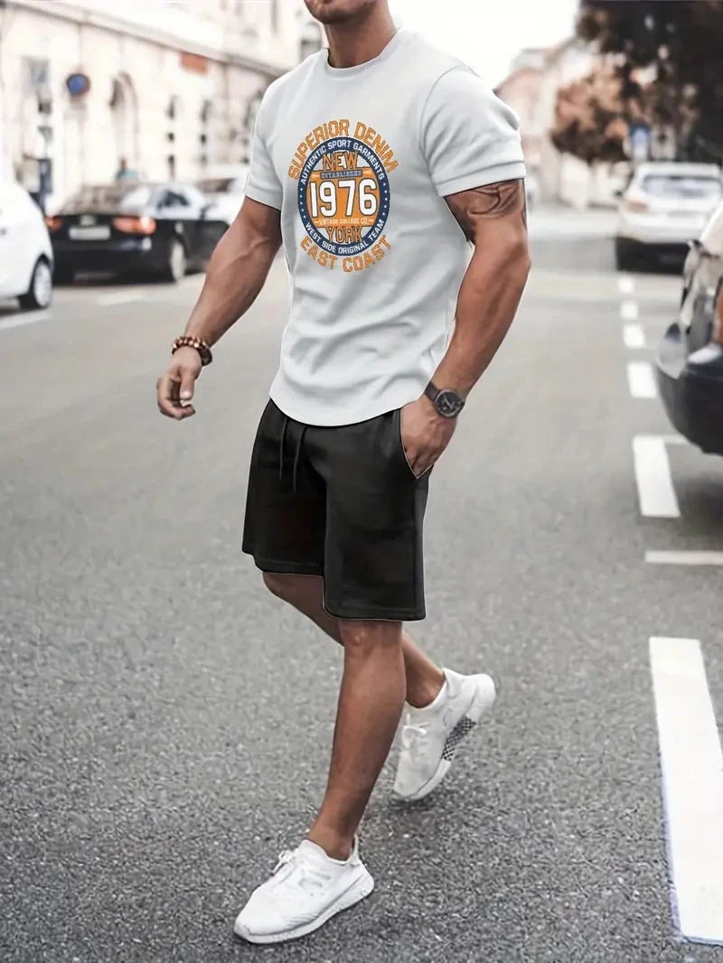 New Men's Two-Piece Plaid Print Fashion Men's Suit Summer O-Collar Short-Sleeved Polo Shirt + Shorts Two-Piece Men's Suit