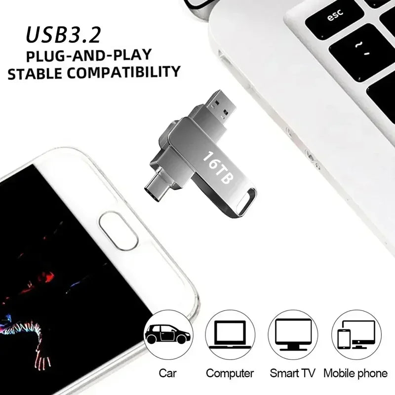 16TB Flash Drive USB 3.2 High Speed 2TB USB Transfer Type-C 2-In-1 8TB OTG Pendrive Waterproof Flash Drive For Computer Storage
