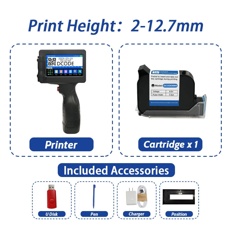 DCODE 1755PLUS 12.7mm Portable Printer Handheld Inkjet Printer for Text, QR Codes, Barcodes, Batch Numbers, Logos, Images, and Date Printing