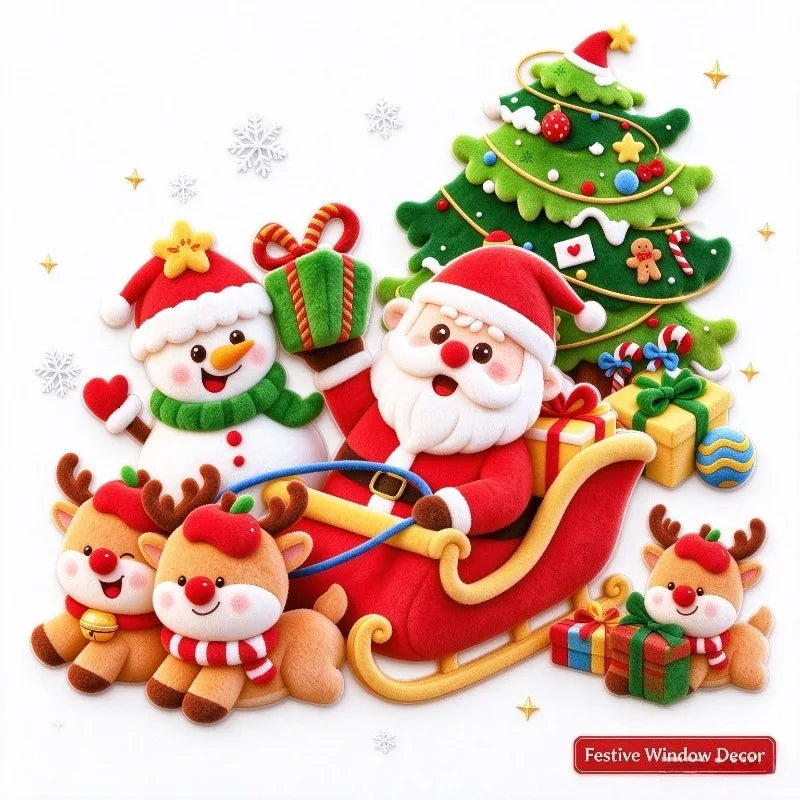 Merry Christmas Static Window Stickers Cartoon Santa Snowflake Glass Decals Reusable No Glue Xmas Home Shop Decor