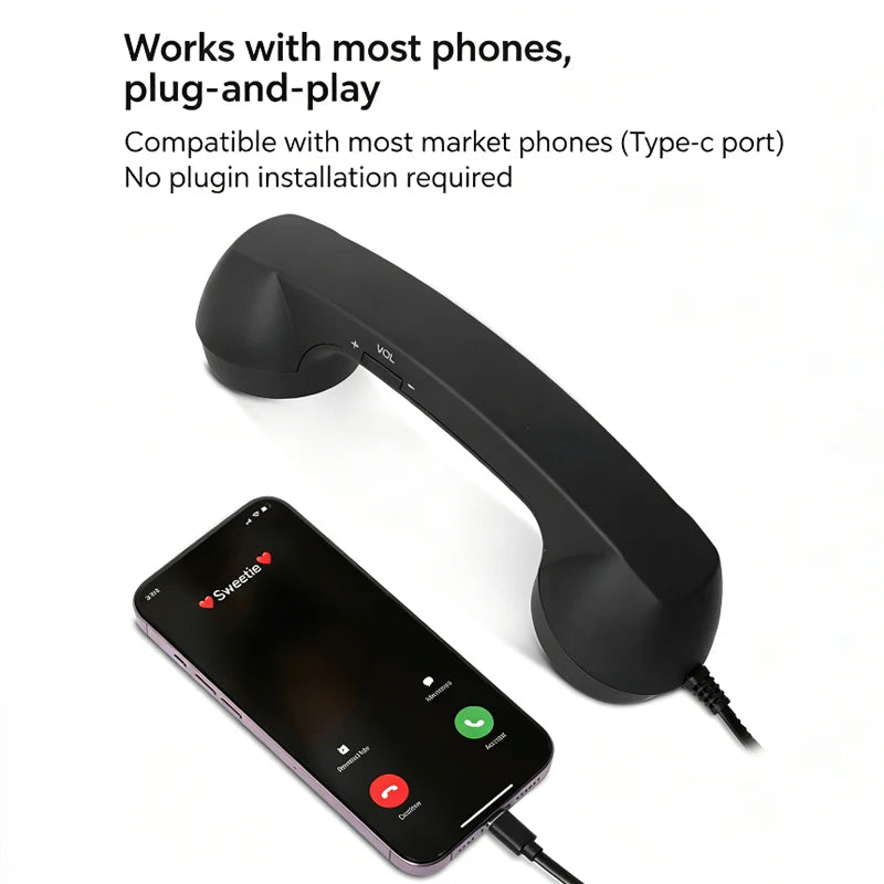 Retro Mobile Phone Handset Headphone Type-C Tangle Free Wire Landline Handle Receiver Telephone Style Handheld Phone Receiver