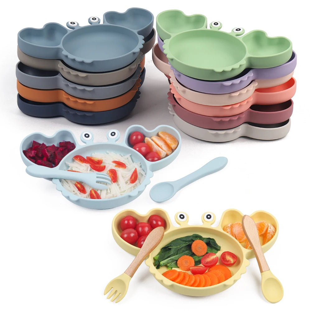 9Pcs Baby Silicone Non-Slip Suction Bowl Plate Spoon Waterproof Bib Cup Set, Baby Crab Dishes, Food Feeding Bowl for Kids, BPA Free