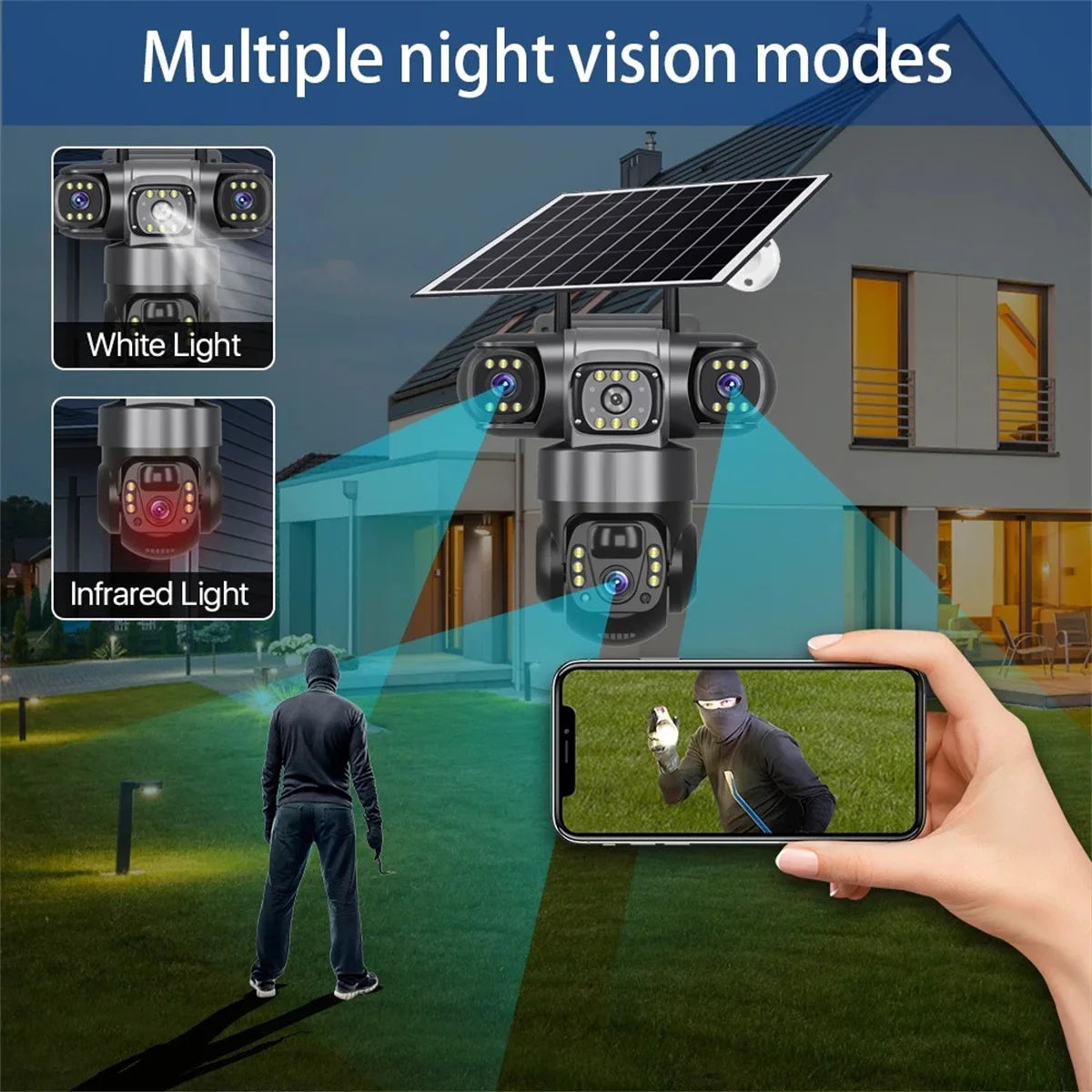 15MP 8K Three Lens PTZ IP Camera Outdoor HD Three Screen WIFI Camera Solar Camera PIR Auto Tracking Built-in Battery Camera