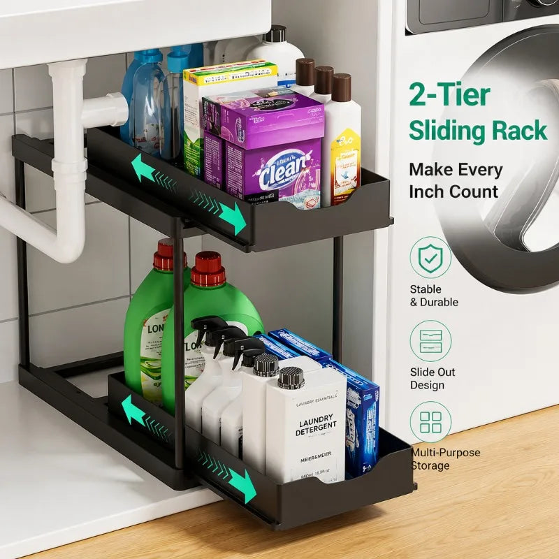 2-Tier Pull Out Under Sink Storage Rack Multifunctional Drawer Organizer Kitchen Bathroom Countertop Cleaning Supplies Storage