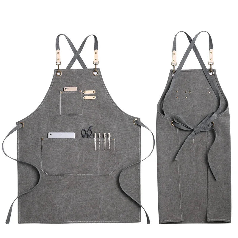 Kitchen Apron Heavy Duty Canvas Barber Work Aprons Unisex Cross Straps Adjustable Salon Hairdresser Bib PU Leather Apron for Men