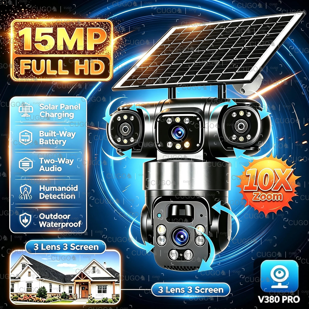 15MP 8K Three Lens PTZ IP Camera Outdoor HD Three Screen WIFI Camera Solar Camera PIR Auto Tracking Built-in Battery Camera