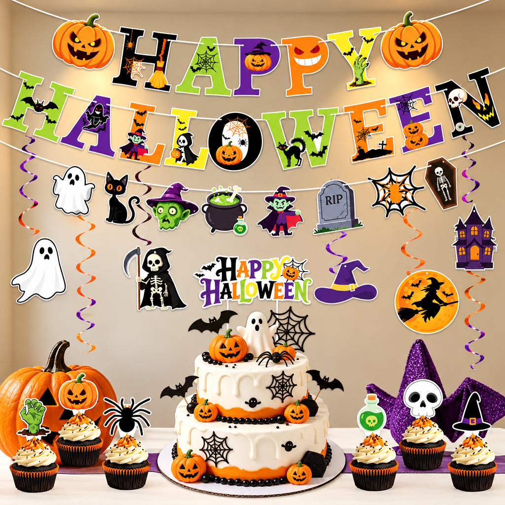 Halloween Party Decor Set Happy Pumpkin Banner Hanging Swirls Cake Topper Witch Ghost Castle Home Halloween Ornaments Supplies