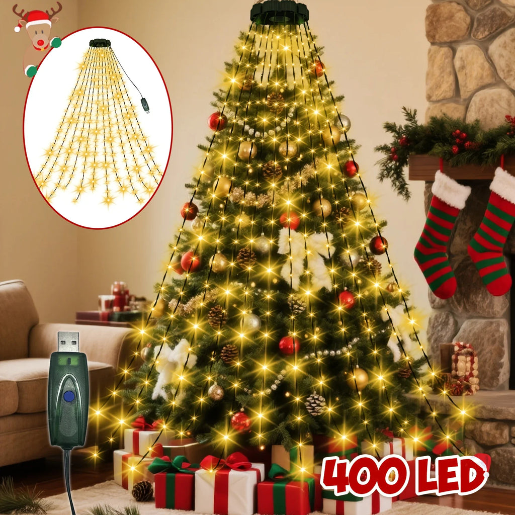 Christmas Tree Waterfall Lights-400/320High-Brightness LEDsUSB&Remote Control,8Lighting Modes Indoor/Outdoor Christmas TreeDeco