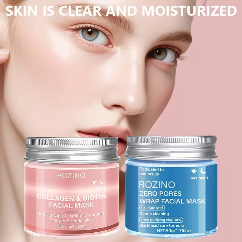 Biotin Collagen + Salicylic Acid Day and Night Mask Set, Peel-Off Mask, Suitable for Loose Skin, Deeply Hydrates, Keeps Skin Hydrated and Plump, Tightens Skin, Brightens Complexion, and Gives Skin a Youthful Glow Suitable for