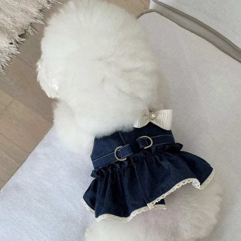 Spring Pet Cat Cowboy Vest Walking Chest and Back Harness Cute Bow Dress Puppy Clothes Dog Clothes for Small Dogs