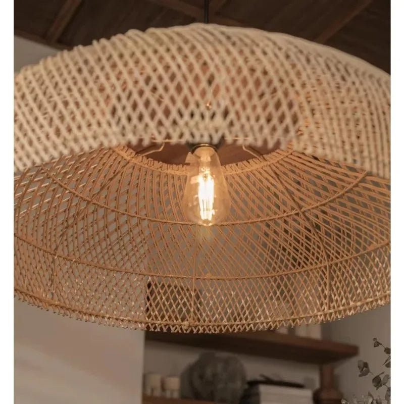 Bohemian Handwoven Rattan Chandelier Scandinavian Wicker Pendant Light with E27 Base for Dining Room & Loft