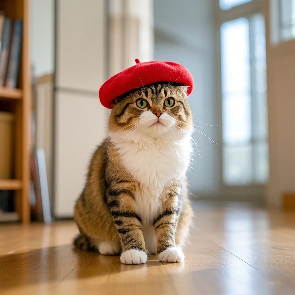 Dog Beret Hats Cats Hats Fashion Four Seasons Funny Wool Winter Pet Hat Mini Monochrome Cat Beret Cute Pet Casual Travel Outfit