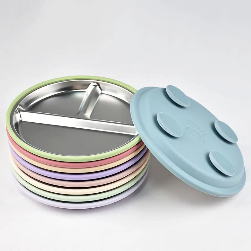 New 1PCS Stainless Steel Plate Detachable Suction Dishes Baby Feeding Sucker Bowl Food Grade Silicone Food Tray Tableware
