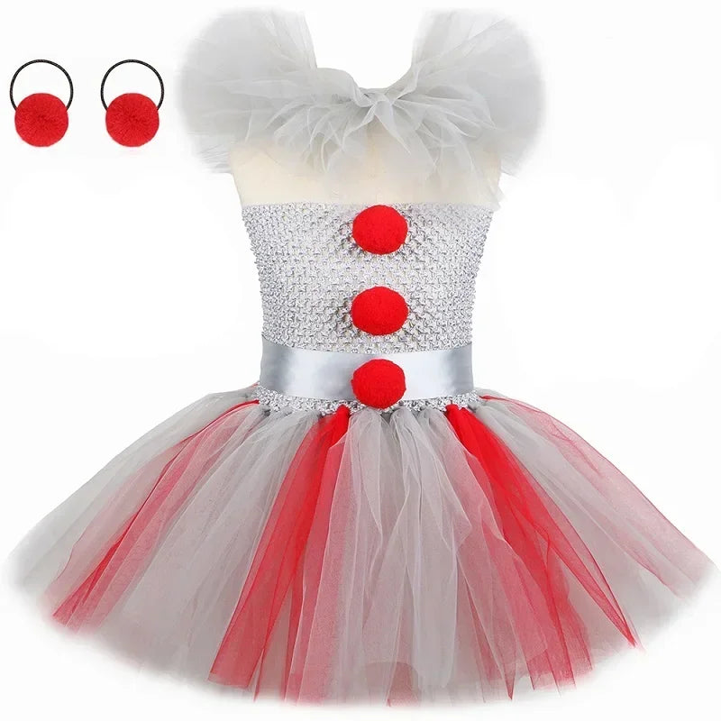 Halloween Pennywise Costume for Kids Creepy Clown Gray Joker Tutu Dress Outfit Girls Fancy Carnival Party Tulle Dress Up Clothes
