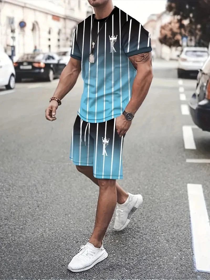 New Men's Two-Piece Plaid Print Fashion Men's Suit Summer O-Collar Short-Sleeved Polo Shirt + Shorts Two-Piece Men's Suit