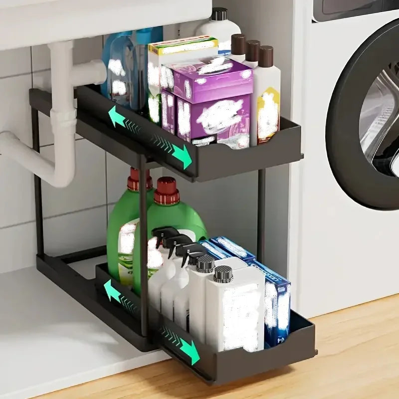 2-Tier Pull Out Under Sink Storage Rack Multifunctional Drawer Organizer Kitchen Bathroom Countertop Cleaning Supplies Storage