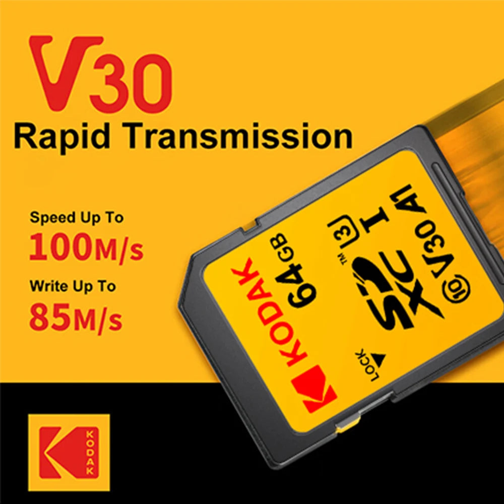 KODAK V30 256GB SD Card UHS-I U3 High Speed Up To 100MB/s Perfect for Full HD Video 64G 128G SD Memory Card SDXC for Camera