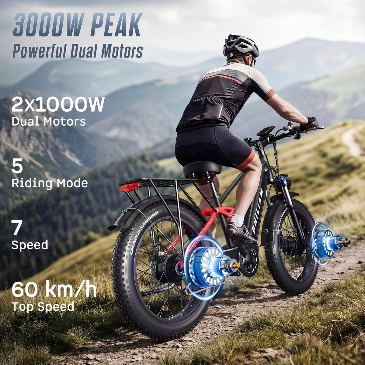 PHILIAM E-bike 3000W Dual Motor 52V 23AH Battery 60KM/H Fat Tire Electric Bike 7-Speed 4-Piston Hydraulic Brakes Adult Electric Bicycle