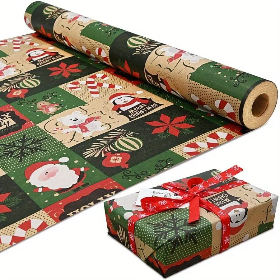 Christmas Wrapping Paper Roll - Festive Kraft Paper with Snowflake, Tree, and Ornament Patterns, Ideal for Holiday Gift Wrapping