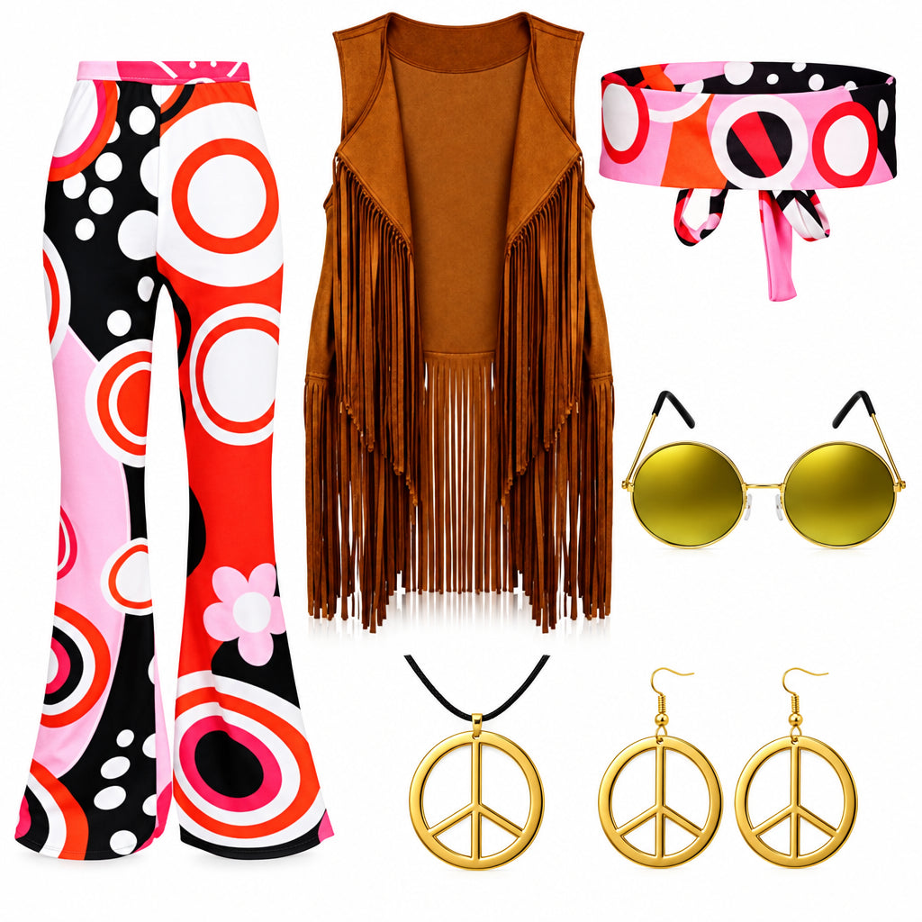 Halloween Hippie Costume Women's Set for Carnival 70s Clothing Accessories Six-Piece Set Tassel Vest+Pants+Headband Set