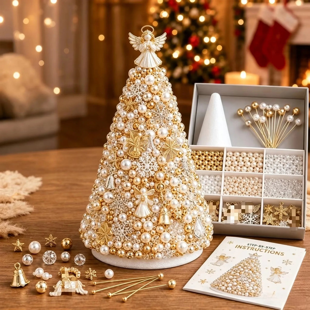 DIY Beaded Christmas Tree Craft Kit Crystal Bead Mini Tree with Angel Topper, Handmade Holiday Tabletop Decor for Home Christma